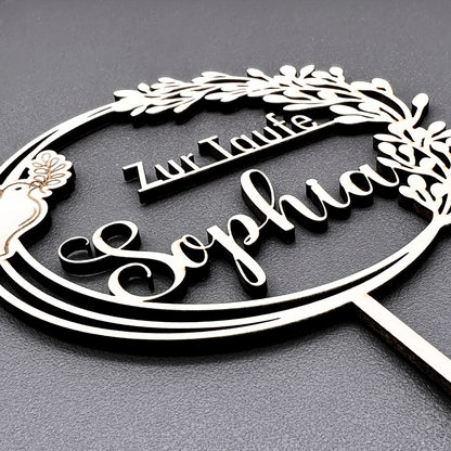 Taufe Cake Topper "Taube" Personalisiert aus Holz - Happy Bumblebee