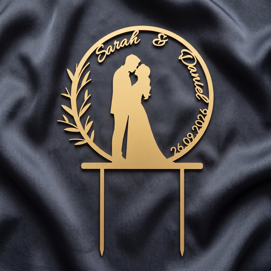 Hochzeit Cake Topper Brautpaar im Zweigkranz in Gold auf dunkler Seide