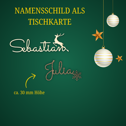 Personalisierte Namensschilder aus Holz für die Festtage – Tannenbaum, Rentier, Geweih & Schneeflocke