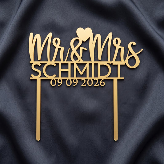 Hochzeit Cake Topper Mr und Mrs mit Nachname in Gold auf dunkler Seide