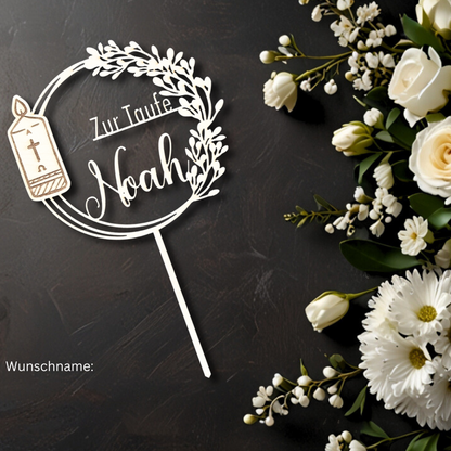 Taufe Cake Topper "Kerze" Personalisiert aus Holz - Happy Bumblebee