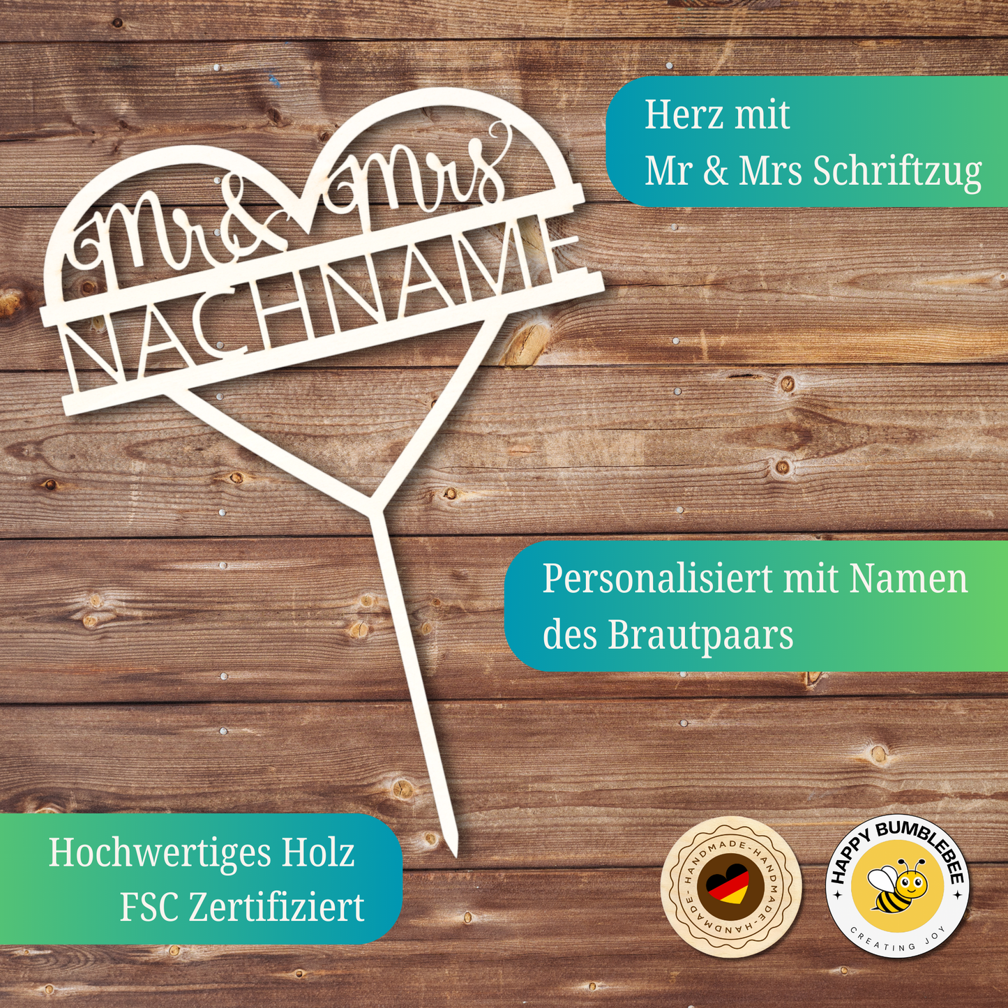 Cake Topper Hochzeit Personalisiert - (Herz + Mr&Mrs + Nachname)