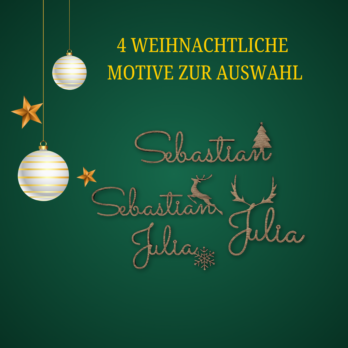 Personalisierte Namensschilder aus Holz für die Festtage – Tannenbaum, Rentier, Geweih & Schneeflocke