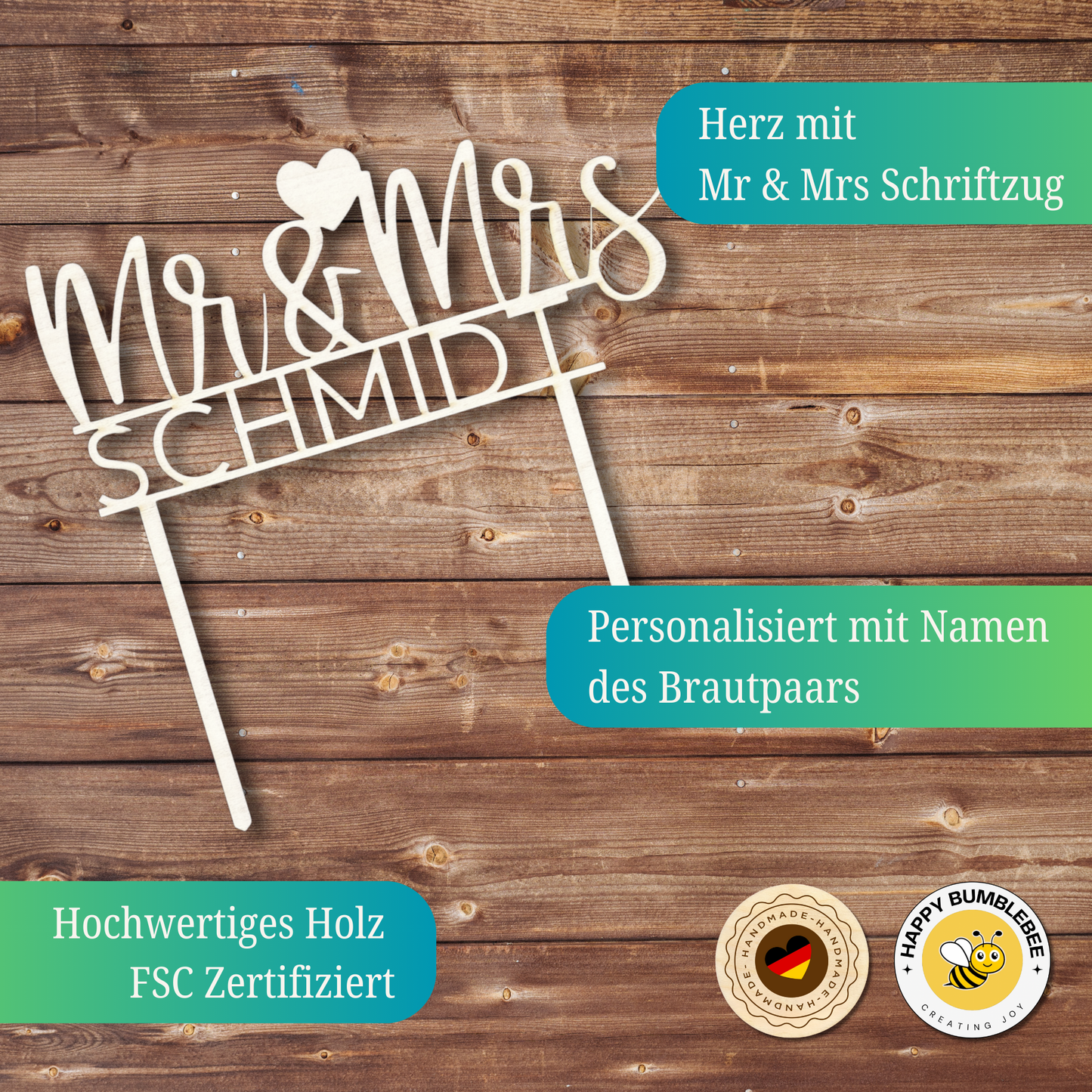 Cake Topper Hochzeit Personalisiert - (Mr&Mrs + Nachname)