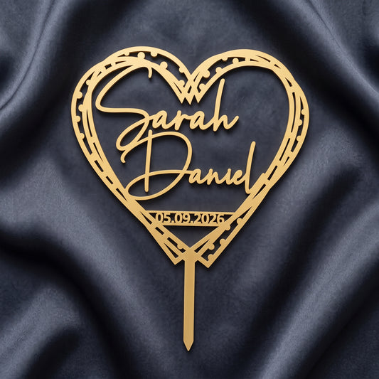 Hochzeit Cake Topper Herz gestrichelt in Gold auf dunkler Seide