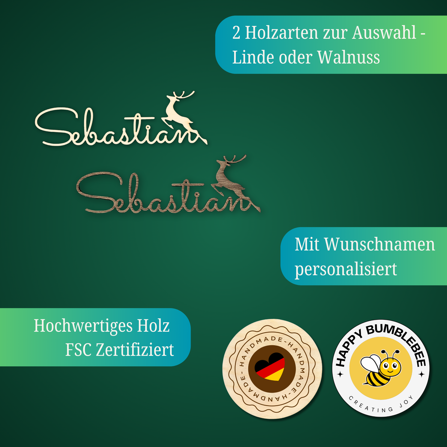 Personalisierte Namensschilder aus Holz für die Festtage – Tannenbaum, Rentier, Geweih & Schneeflocke