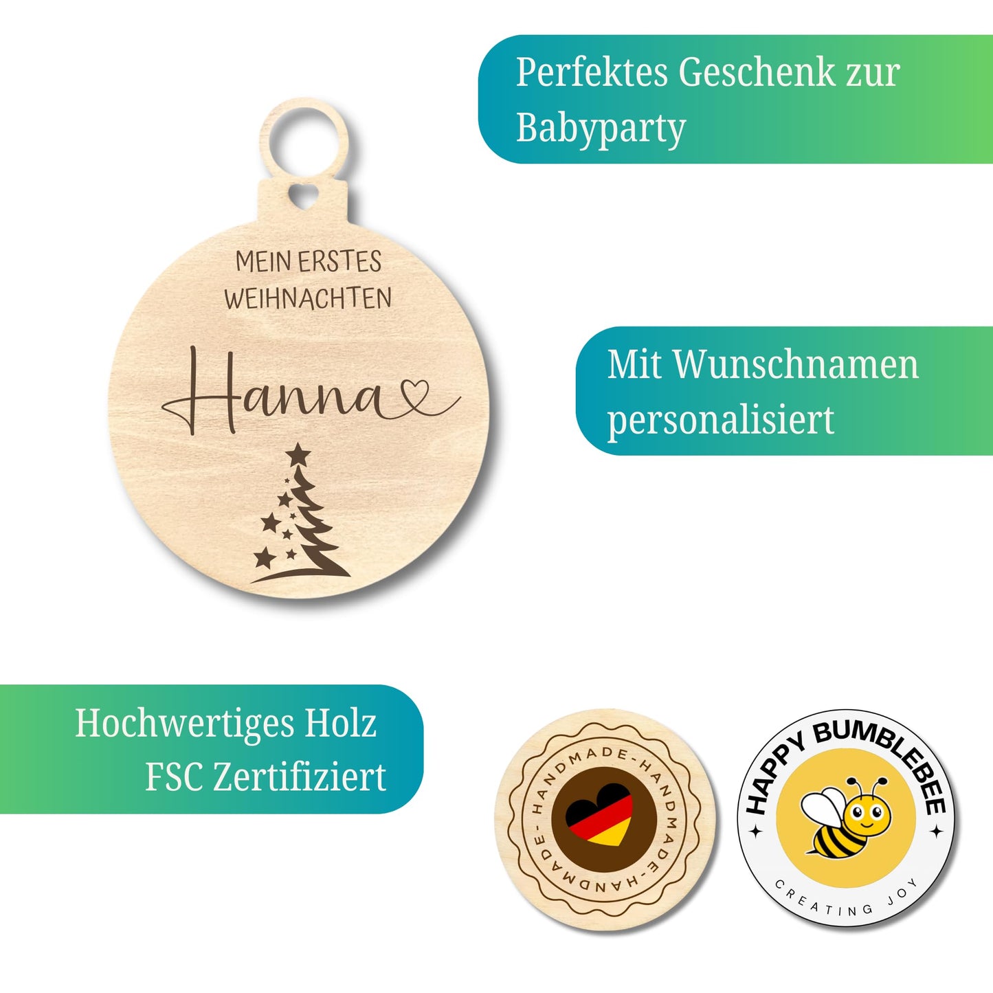 Happy Bumblebee - Personalisierter Weihnachtsbaum Anhänger – Wunschnamen und Motiveauswahl – Nachhaltiger Christbaumschmuck mit Wunschname