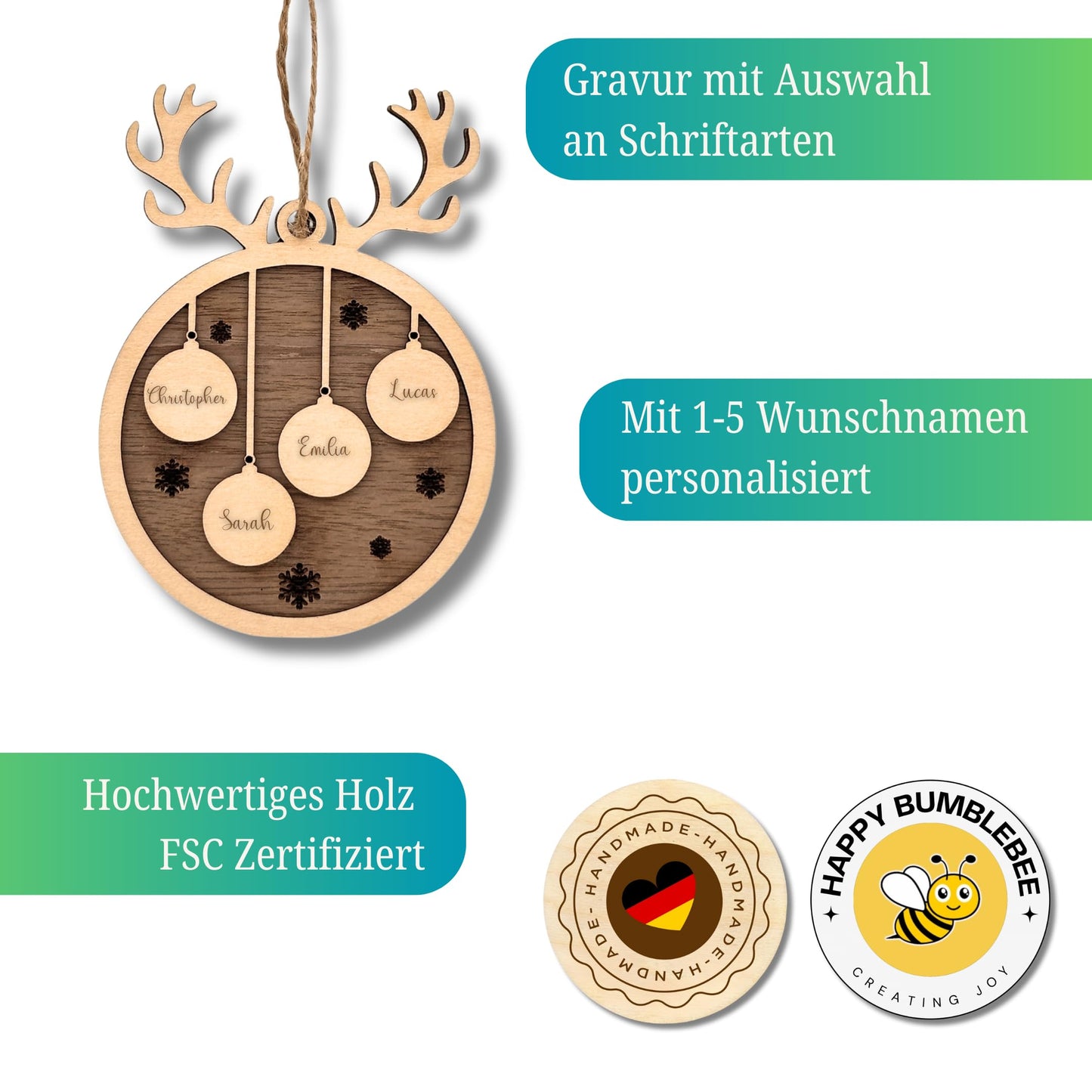 Happy Bumblebee - Personalisierter Weihnachtsbaum Anhänger – Wunschnamen und Motiveauswahl – Nachhaltiger Christbaumschmuck mit Wunschname