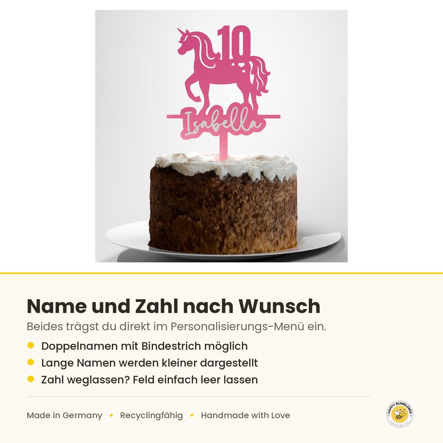 Geburtstag Cake Topper "Name mit Herz & Krone" Personalisiert - Happy Bumblebee