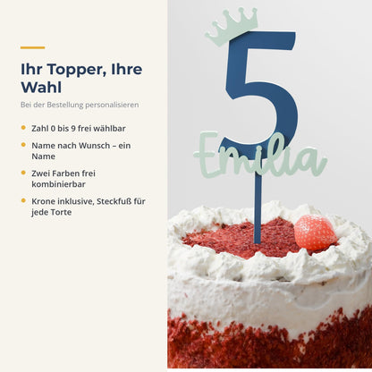 Cake Topper Geburtstag Personalisiert – Zahl mit Krone und Name