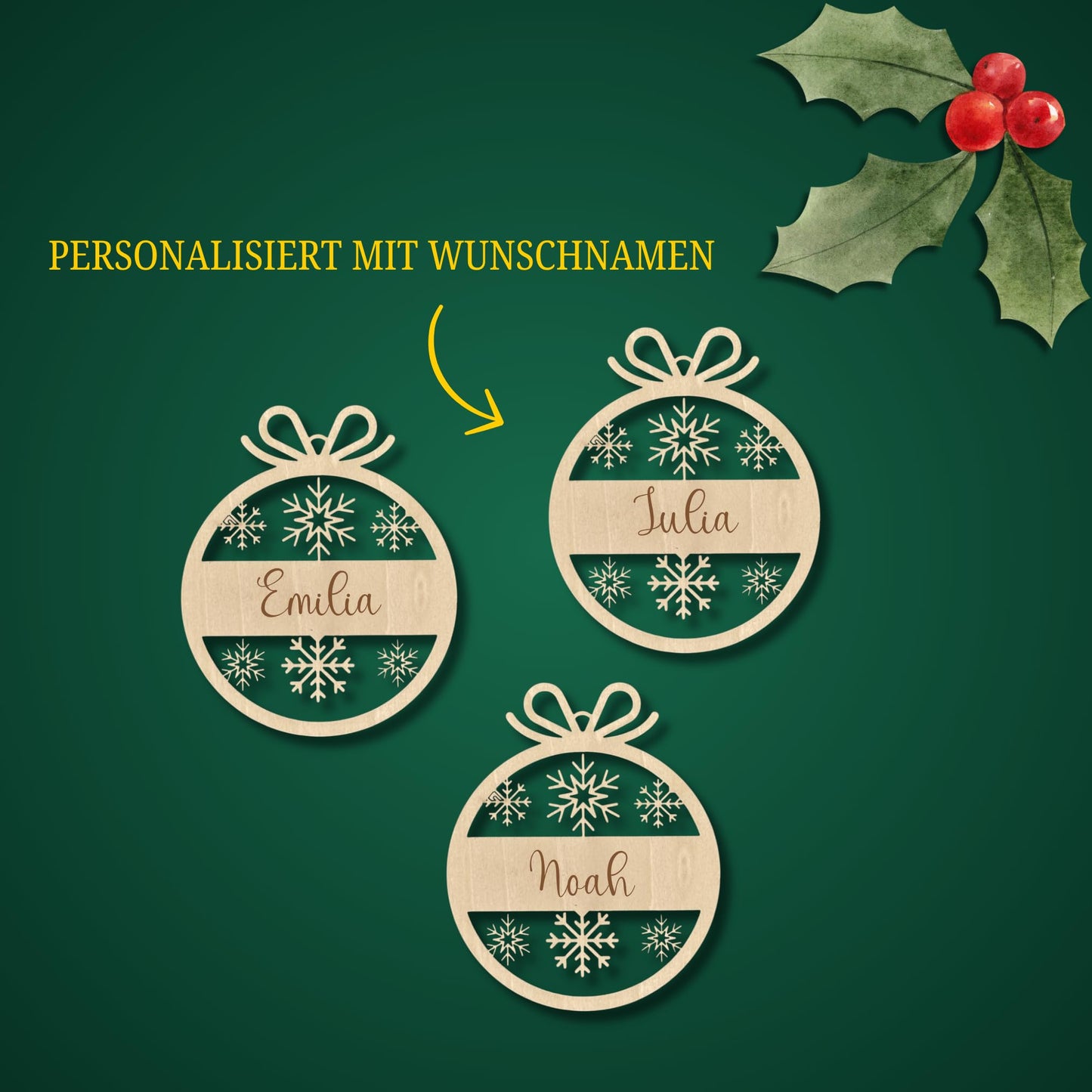Happy Bumblebee - Personalisierter Weihnachtsbaum Anhänger – Wunschnamen und Motiveauswahl – Nachhaltiger Christbaumschmuck mit Wunschname