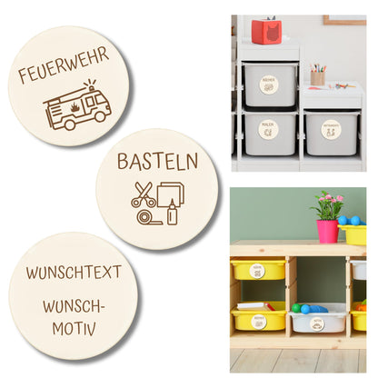 Kinderzimmer Ordnungsetiketten, Personalisierte Holzetiketten für Aufbewahrungsboxen, Wunschtext & Wunschmotiv, Spielzeug- & Kinderzimmerorganisation z.B. für Ikea Trofast - 2 Größen