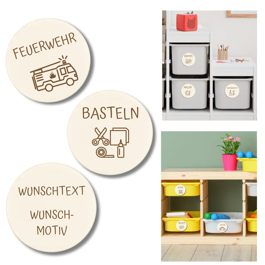Kinderzimmer Ordnungsetiketten, Personalisierte Holzetiketten für Aufbewahrungsboxen, Wunschtext & Wunschmotiv, Spielzeug- & Kinderzimmerorganisation z.B. für Ikea Trofast - 2 Größen