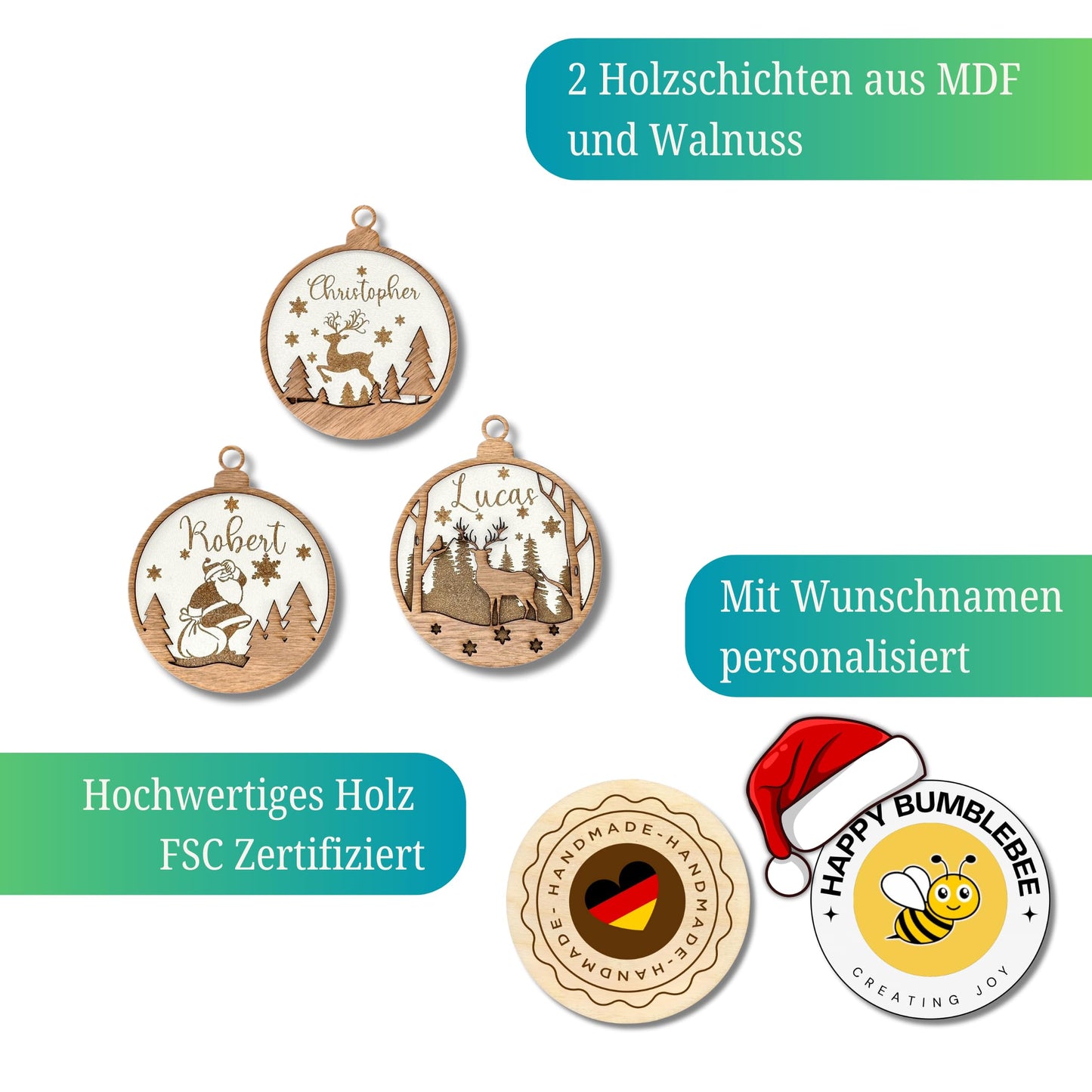 Happy Bumblebee - Personalisierter Weihnachtsbaum Anhänger – Wunschnamen und Motiveauswahl – Nachhaltiger Christbaumschmuck mit Wunschname