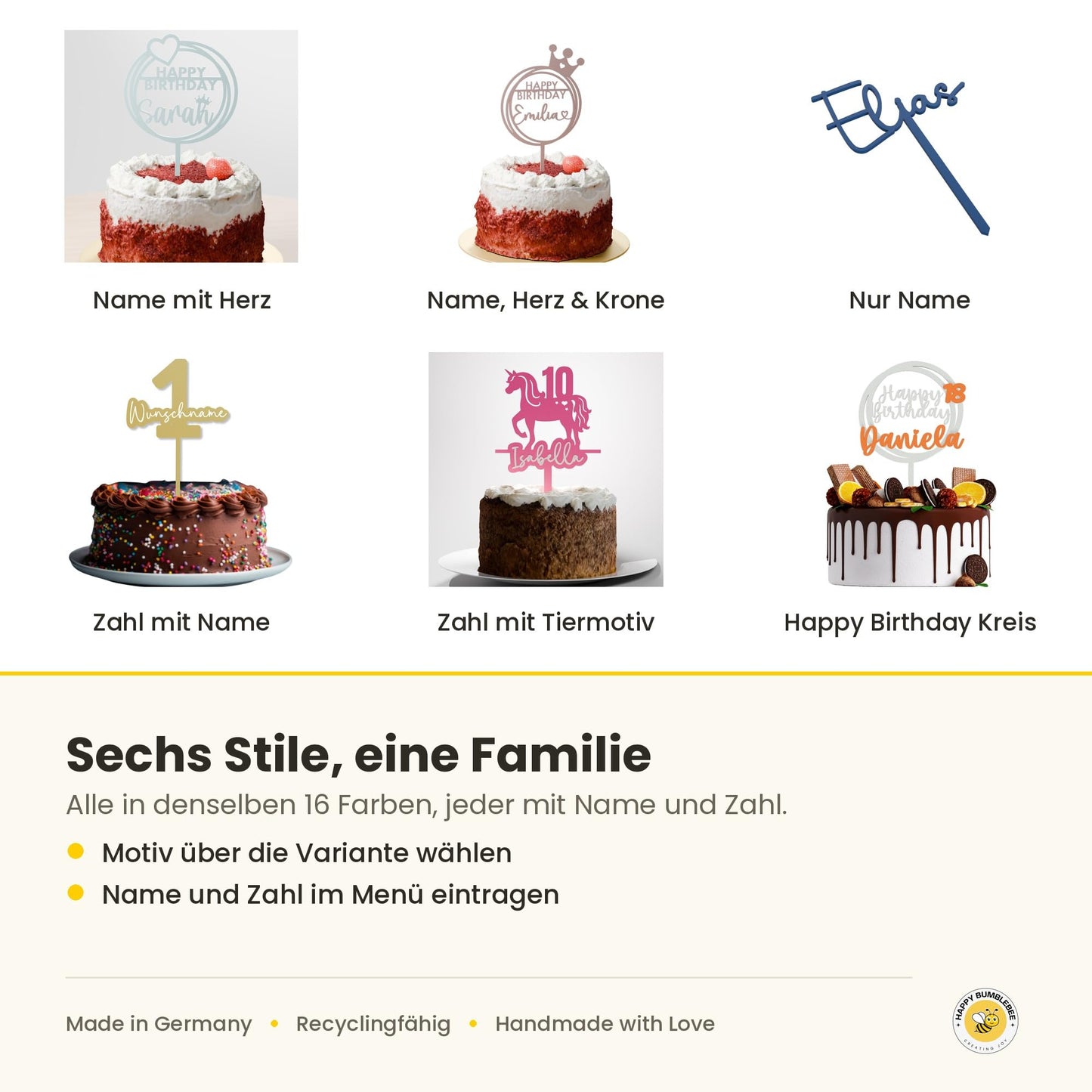 Geburtstag Cake Topper "Name+Herz" Personalisiert - Happy Bumblebee