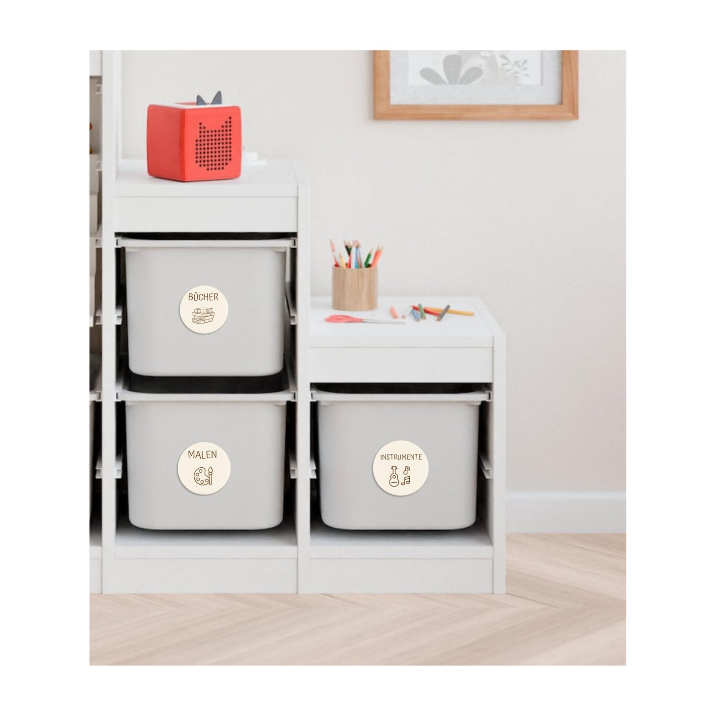 Kinderzimmer Ordnungsetiketten, Personalisierte Holzetiketten für Aufbewahrungsboxen, Wunschtext & Wunschmotiv, Spielzeug- & Kinderzimmerorganisation z.B. für Ikea Trofast - 2 Größen