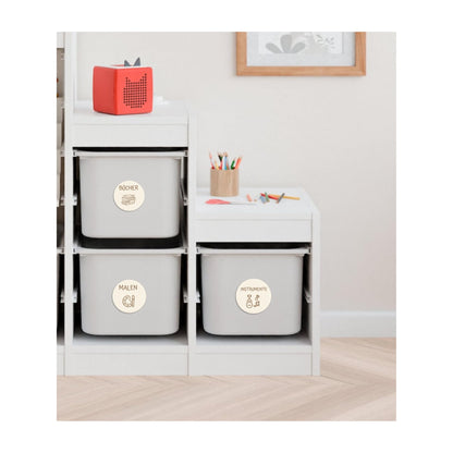 Kinderzimmer Ordnungsetiketten, Personalisierte Holzetiketten für Aufbewahrungsboxen, Wunschtext & Wunschmotiv, Spielzeug- & Kinderzimmerorganisation z.B. für Ikea Trofast - 2 Größen