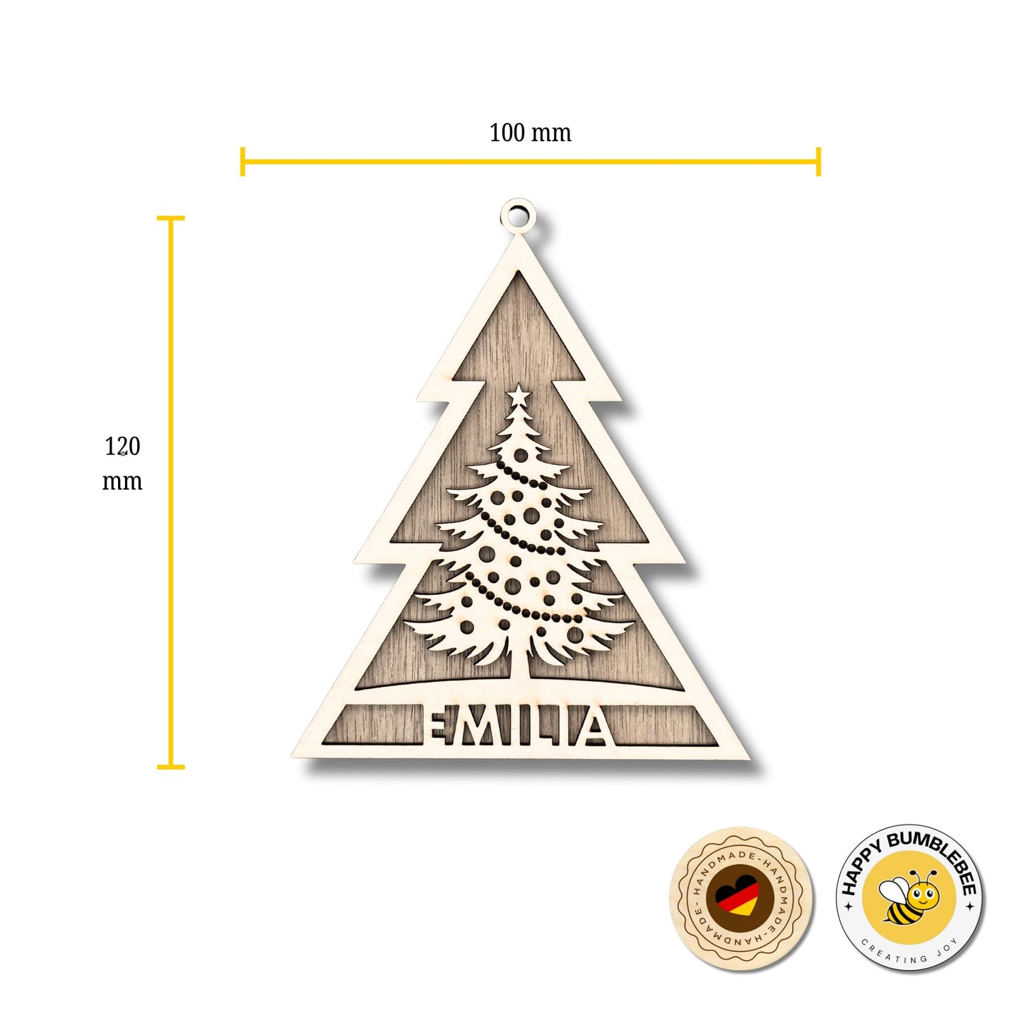 Happy Bumblebee - Personalisierter Weihnachtsbaum Anhänger – Wunschnamen und Motiveauswahl – Nachhaltiger Christbaumschmuck mit Wunschname