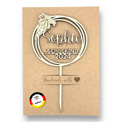 Einschulung Cake Topper "Schultüte" Personalisiert aus Holz - Happy Bumblebee