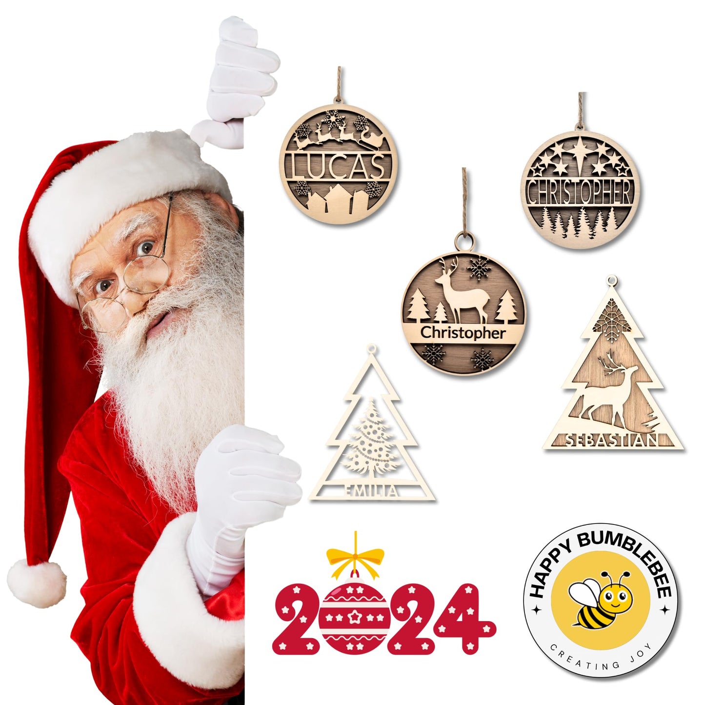 Happy Bumblebee - Personalisierter Weihnachtsbaum Anhänger – Wunschnamen und Motiveauswahl – Nachhaltiger Christbaumschmuck mit Wunschname