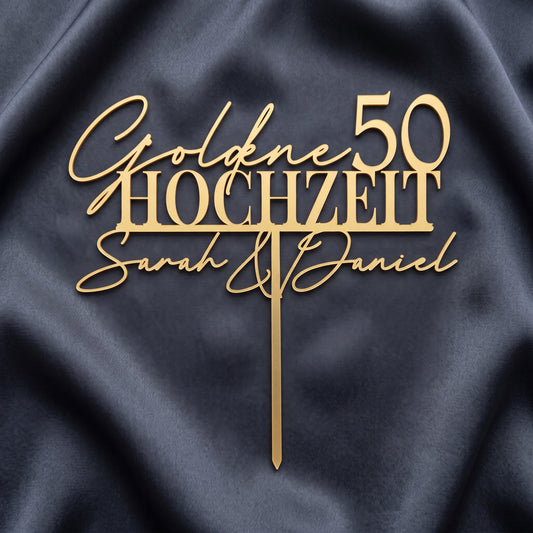 Cake Topper Goldene Hochzeit und Jubiläum in Gold auf dunkler Seide