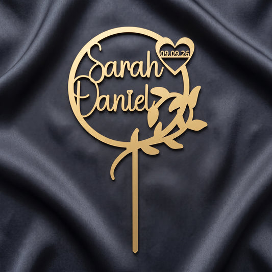 Hochzeit Cake Topper Kranz mit Zweig in Gold auf dunkler Seide