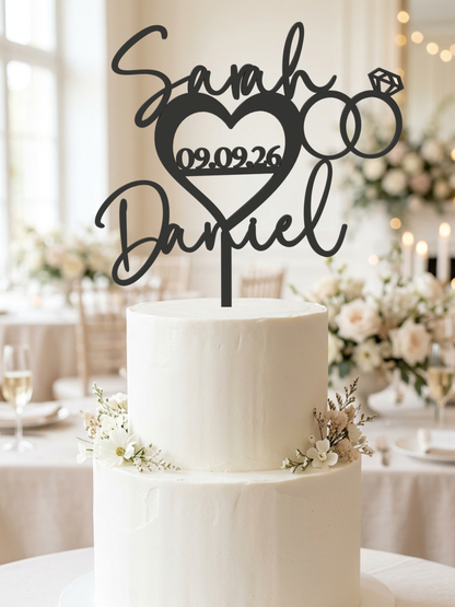 Hochzeit Cake Topper "Namen im Herz mit Ringen" Personalisiert - Happy Bumblebee