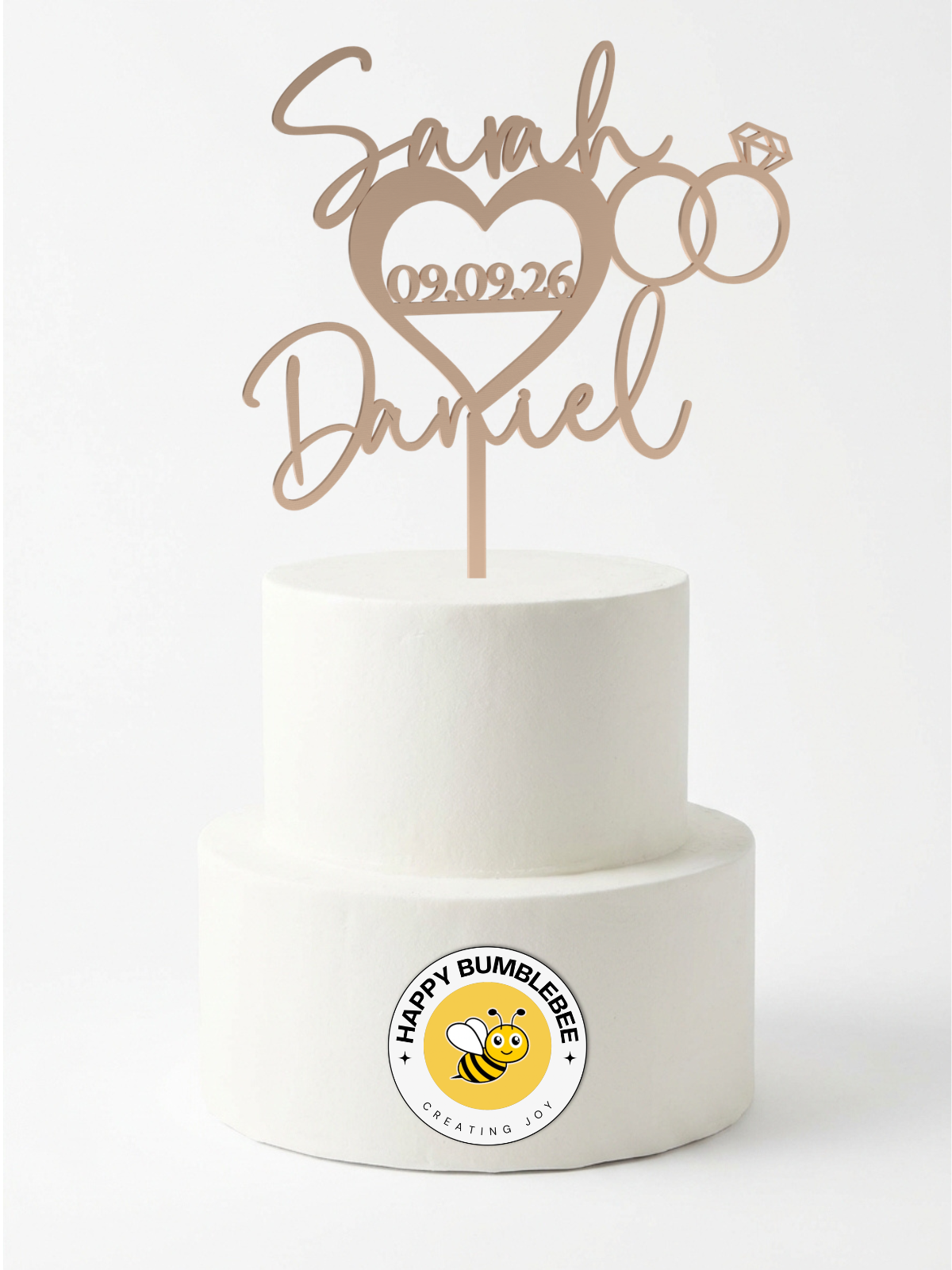 Hochzeit Cake Topper "Namen im Herz mit Ringen" Personalisiert - Happy Bumblebee