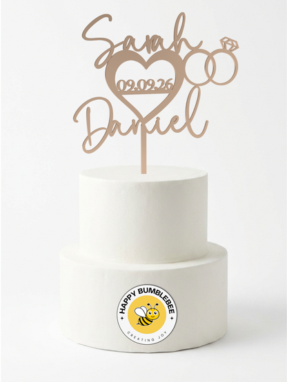 Hochzeit Cake Topper "Namen im Herz mit Ringen" Personalisiert - Happy Bumblebee
