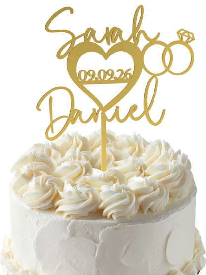 Hochzeit Cake Topper "Namen im Herz mit Ringen" Personalisiert - Happy Bumblebee