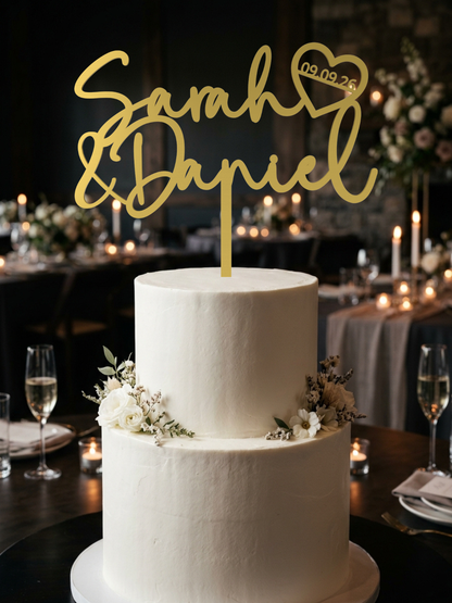 Hochzeit Cake Topper "Namen mit Datumsherz" Personalisiert - Happy Bumblebee