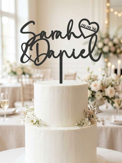 Hochzeit Cake Topper "Namen mit Datumsherz" Personalisiert - Happy Bumblebee