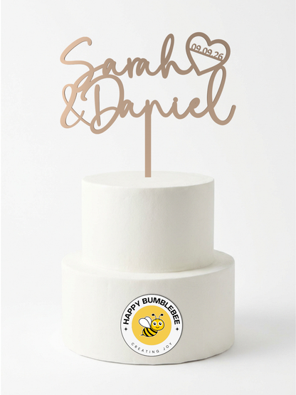 Hochzeit Cake Topper "Namen mit Datumsherz" Personalisiert - Happy Bumblebee