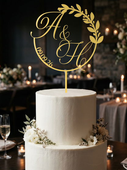 Hochzeit Cake Topper "Monogramm im Kranz" Personalisiert - Happy Bumblebee