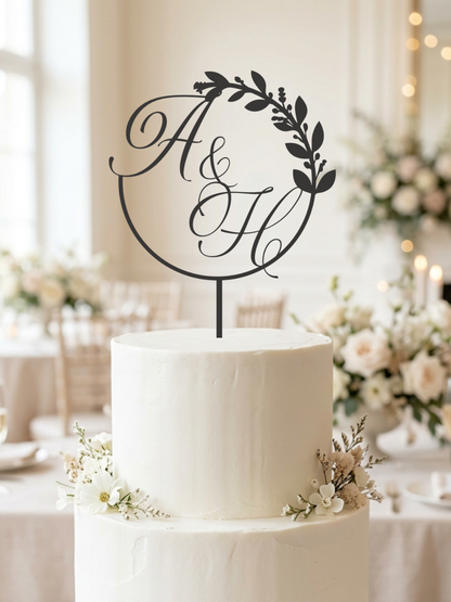 Hochzeit Cake Topper "Monogramm im Kranz" Personalisiert - Happy Bumblebee