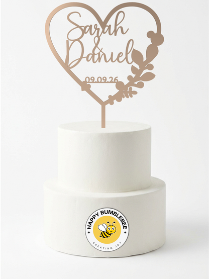 Hochzeit Cake Topper "Herz mit Eukalyptus" Personalisiert - Happy Bumblebee