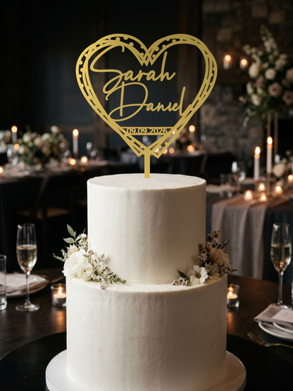 Hochzeit Cake Topper "Herz gestrichelt" Personalisiert - Happy Bumblebee