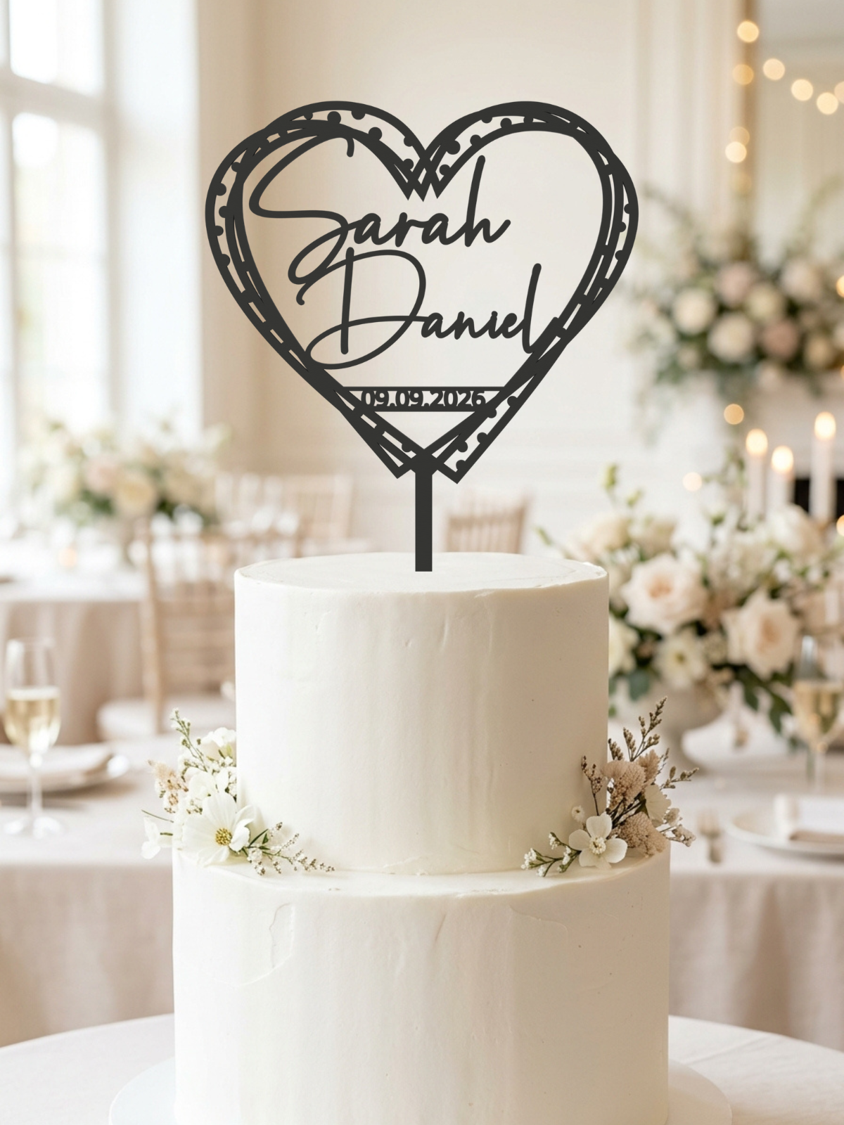 Hochzeit Cake Topper "Herz gestrichelt" Personalisiert - Happy Bumblebee