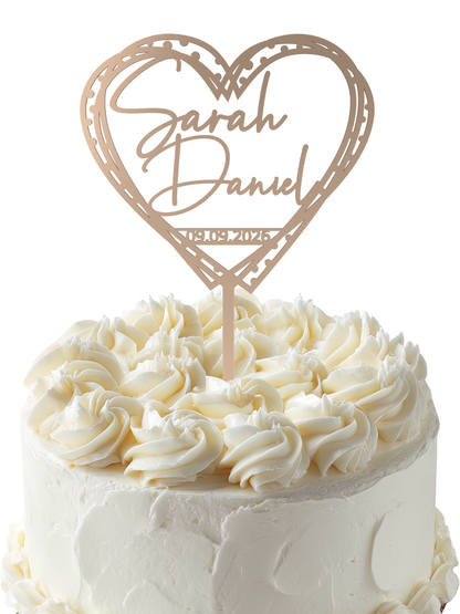 Hochzeit Cake Topper "Herz gestrichelt" Personalisiert - Happy Bumblebee