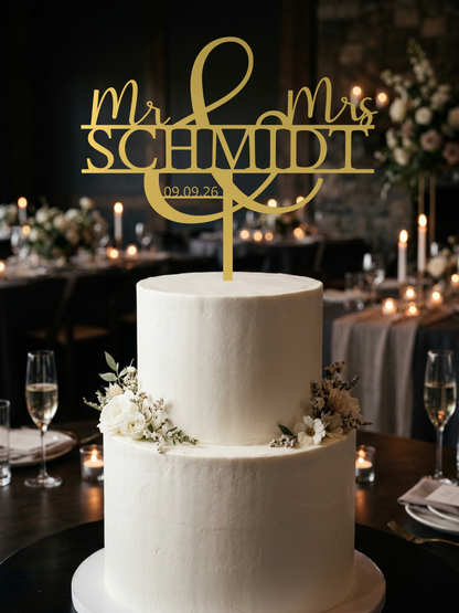 Hochzeit Cake Topper "Mr & Mrs mit Ornament-Und" Personalisiert - Happy Bumblebee