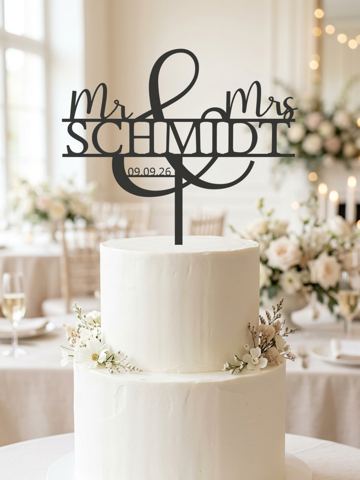 Hochzeit Cake Topper "Mr & Mrs mit Ornament-Und" Personalisiert - Happy Bumblebee