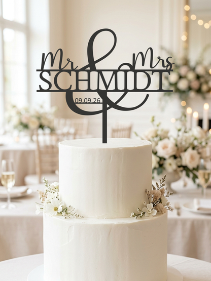 Hochzeit Cake Topper "Mr & Mrs mit Ornament-Und" Personalisiert - Happy Bumblebee