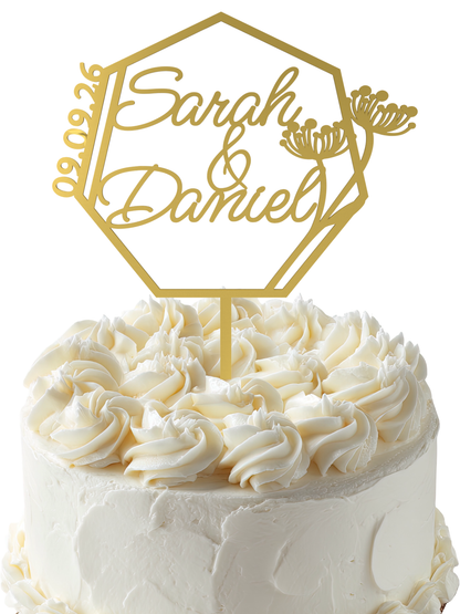 Hochzeit Cake Topper "Namen im Vieleck mit Blüten" Personalisiert - Happy Bumblebee