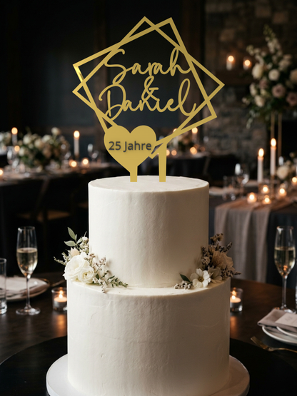 Hochzeit Cake Topper "Doppelquadrat mit Datumsherz" Personalisiert - Happy Bumblebee