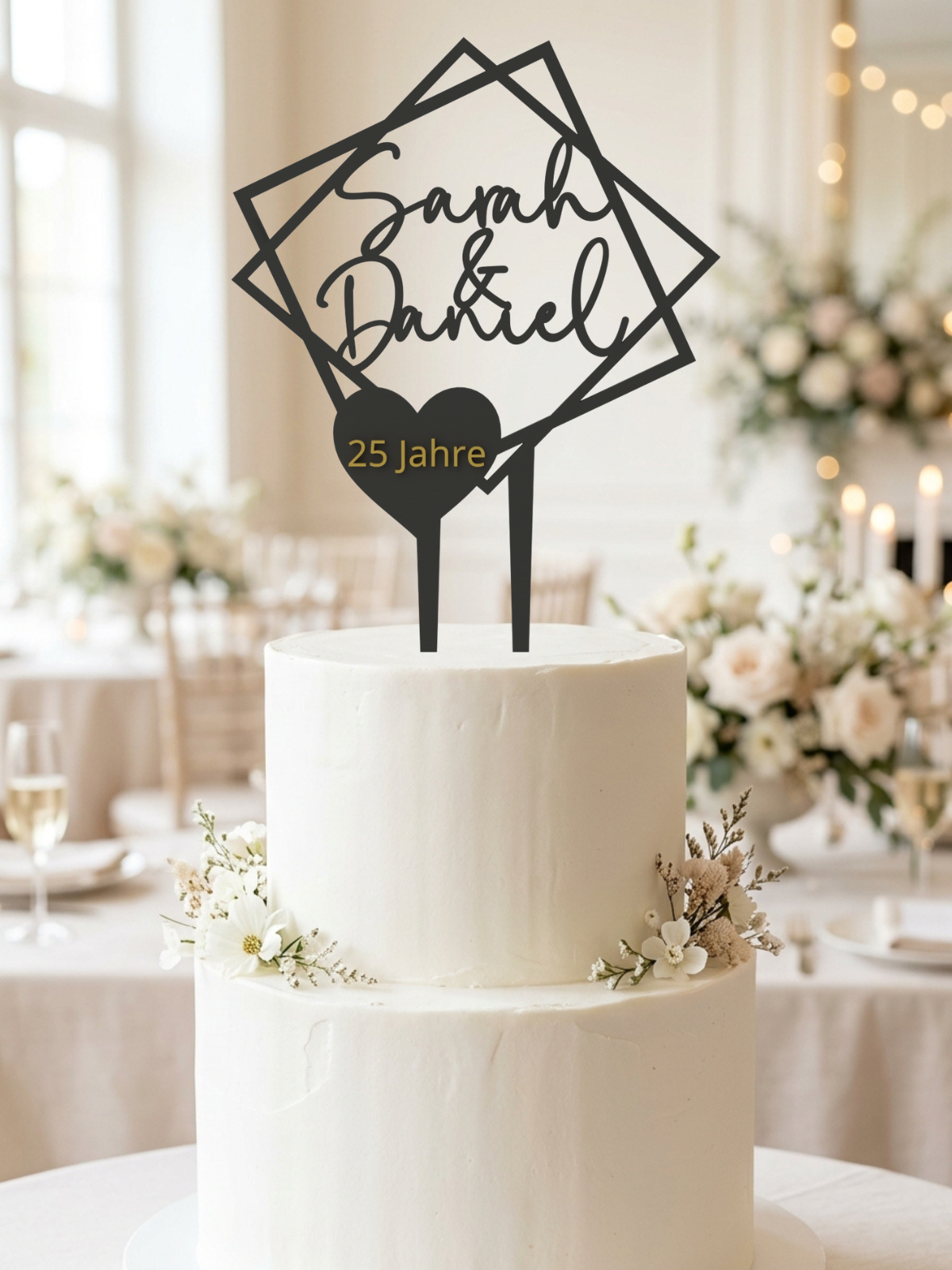 Hochzeit Cake Topper "Doppelquadrat mit Datumsherz" Personalisiert - Happy Bumblebee