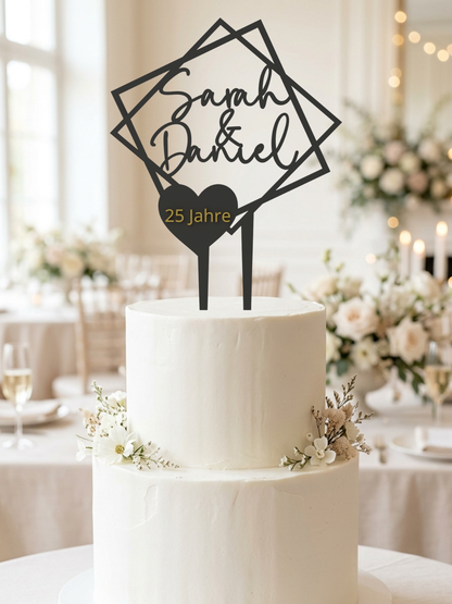 Hochzeit Cake Topper "Doppelquadrat mit Datumsherz" Personalisiert - Happy Bumblebee