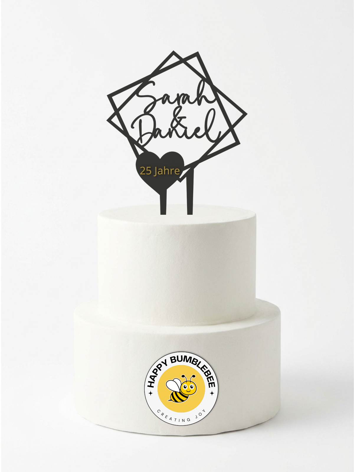 Hochzeit Cake Topper "Doppelquadrat mit Datumsherz" Personalisiert - Happy Bumblebee