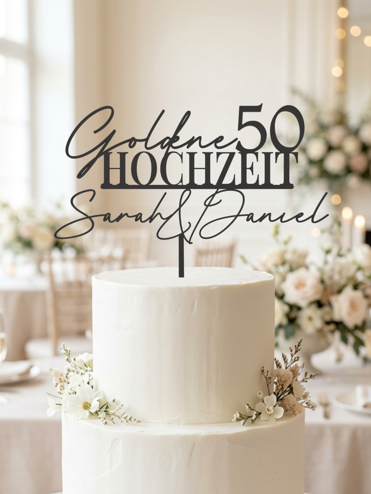 Cake Topper Goldene Hochzeit in Schwarz auf weißer Torte