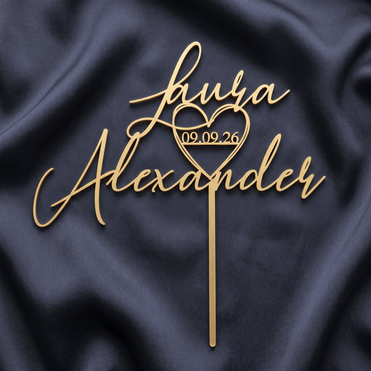 Hochzeit Cake Topper Herz im Namenszug in Gold auf dunkler Seide
