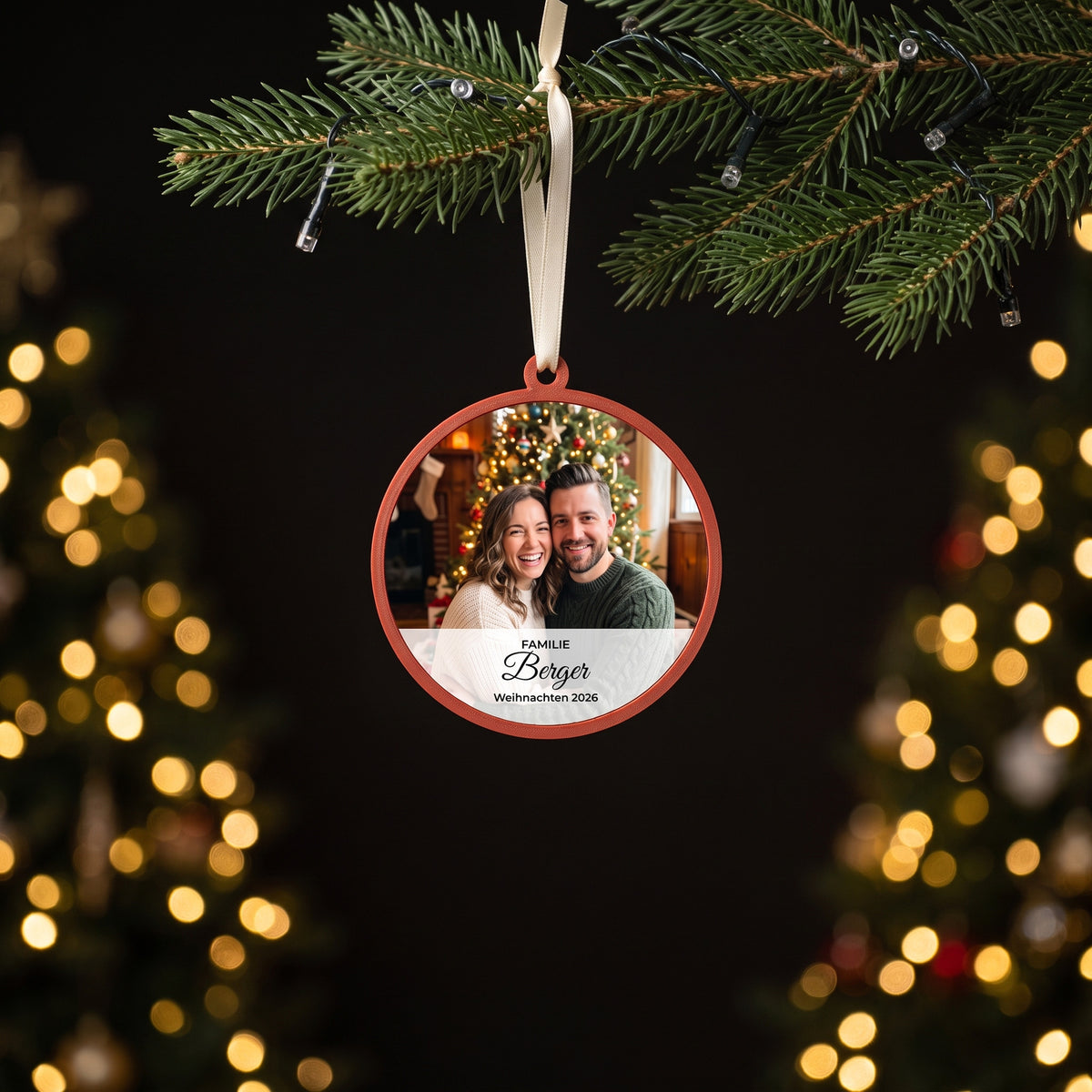 Personalisierte Weihnachtskugel mit Foto in Ziegelrot am Tannenzweig